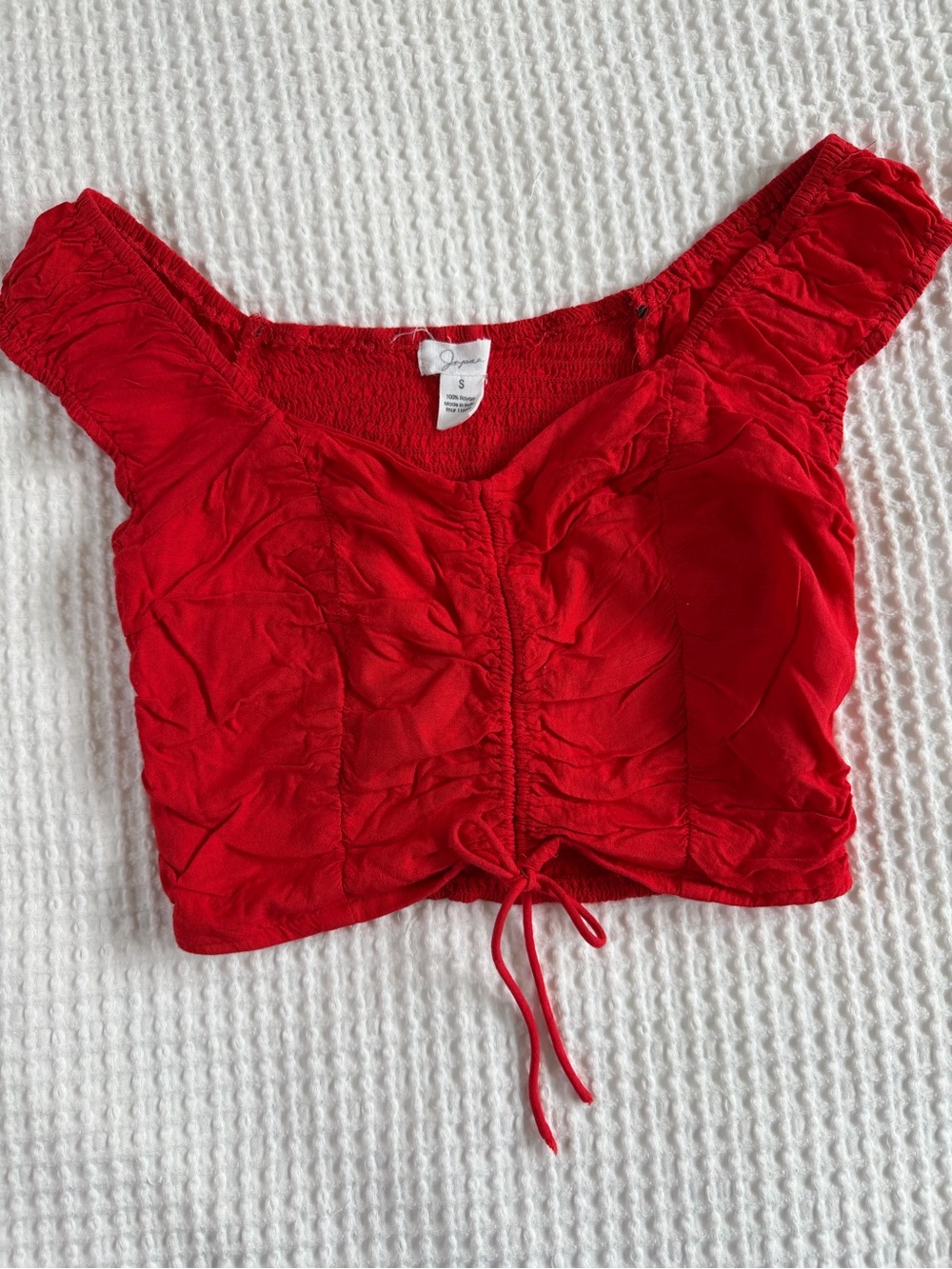 Japna Red Ruched Off-Shoulder Crop Top